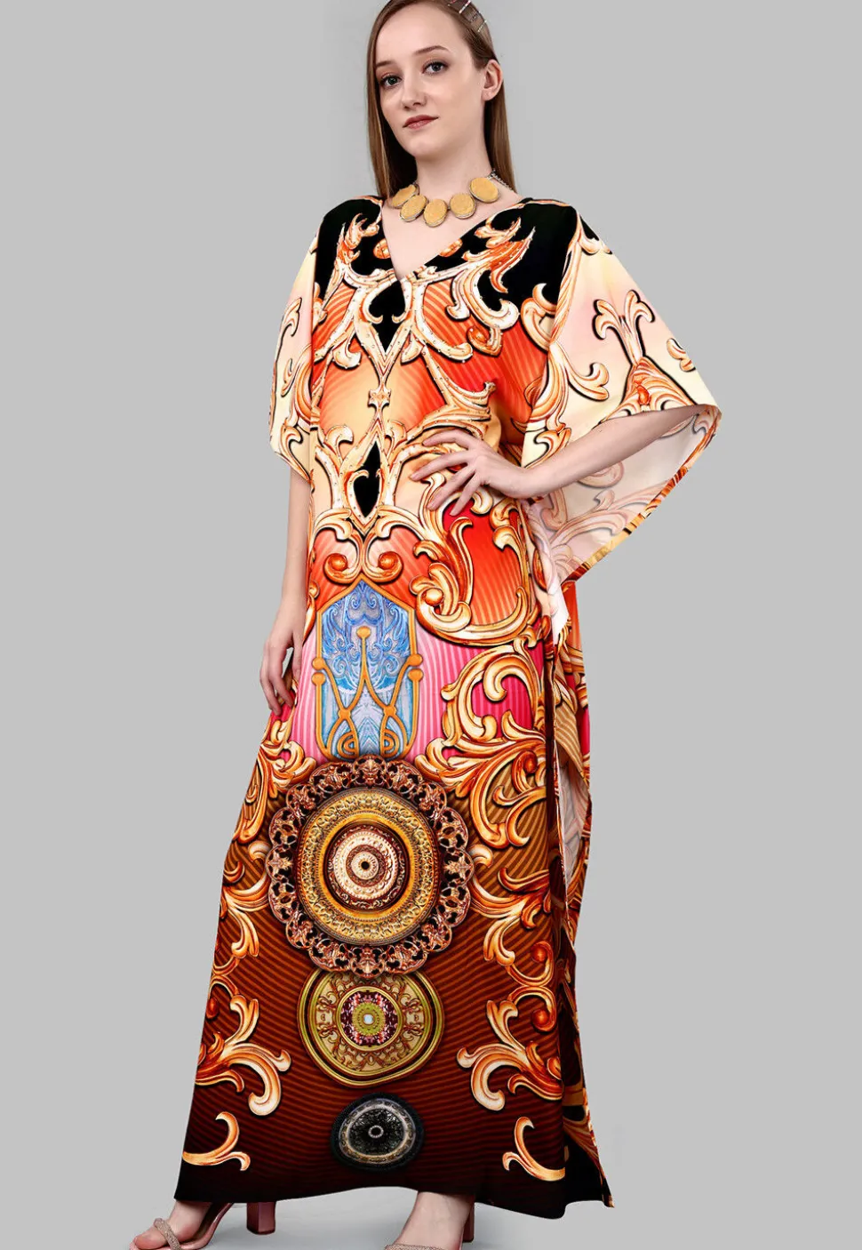Digital Printed Polyester Kaftan in Multicolor