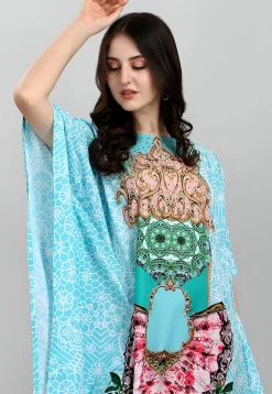 Digital Printed Polyester Kaftan in Light Blue
