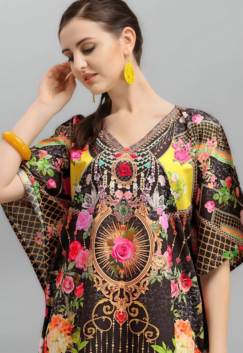 Digital Printed Polyester Kaftan in Black