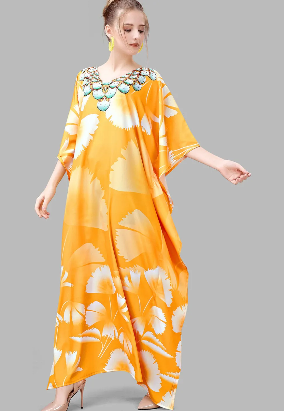 Digital Printed Polyester Kaftan in Yellow