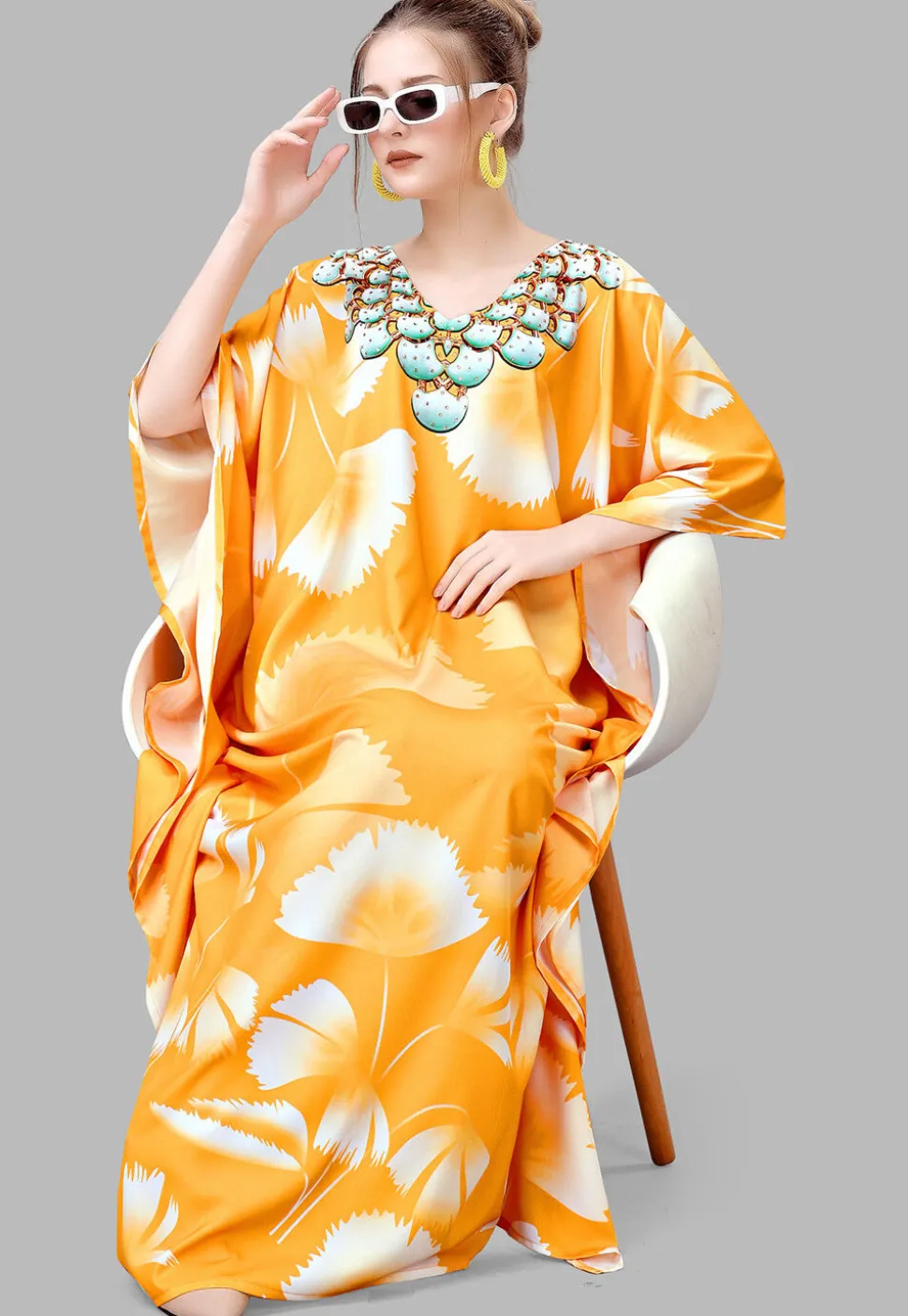 Digital Printed Polyester Kaftan in Yellow