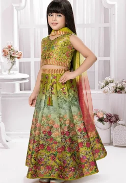 Digital Printed Polyester Lehenga in Olive Green