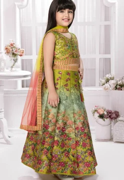 Digital Printed Polyester Lehenga in Olive Green