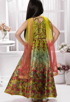 Digital Printed Polyester Lehenga in Olive Green