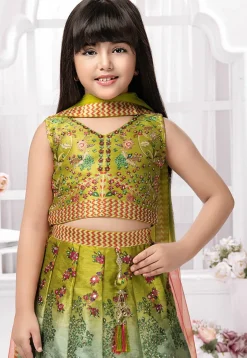 Digital Printed Polyester Lehenga in Olive Green