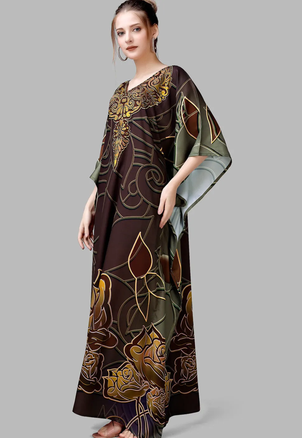Digital Printed Polyester Kaftan in Brown