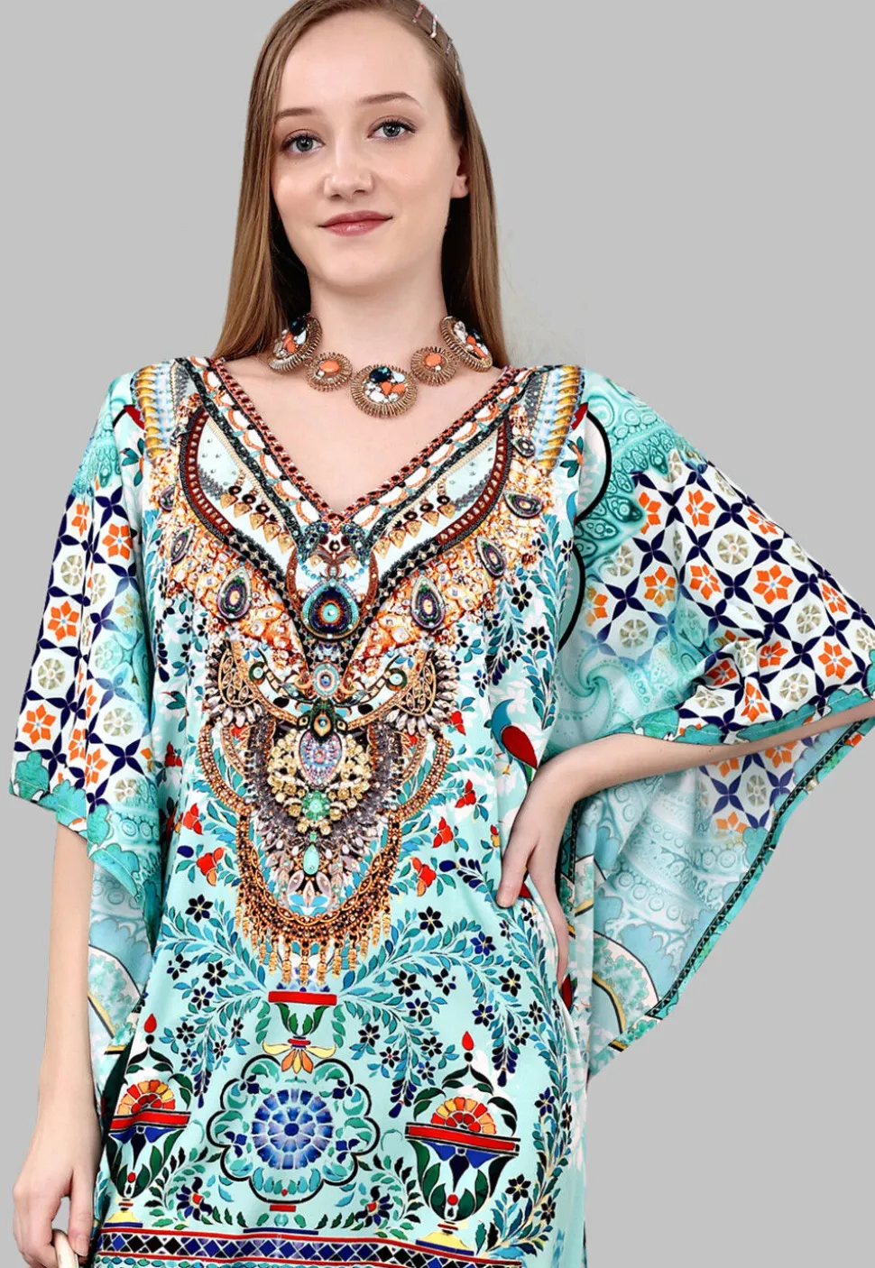 Digital Printed Polyester Kaftan in Blue