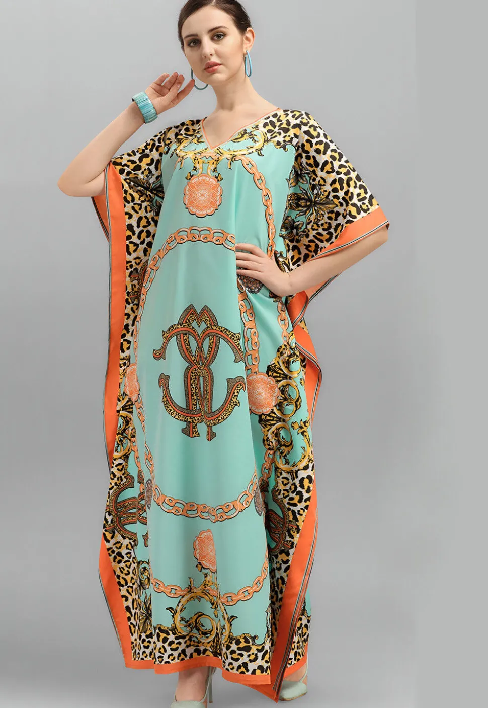 Digital Printed Polyester Kaftan in Sea Green