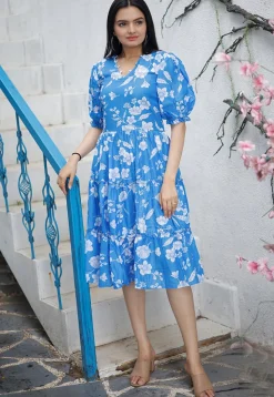 Digital Printed Polyester Aline Dress in Blue