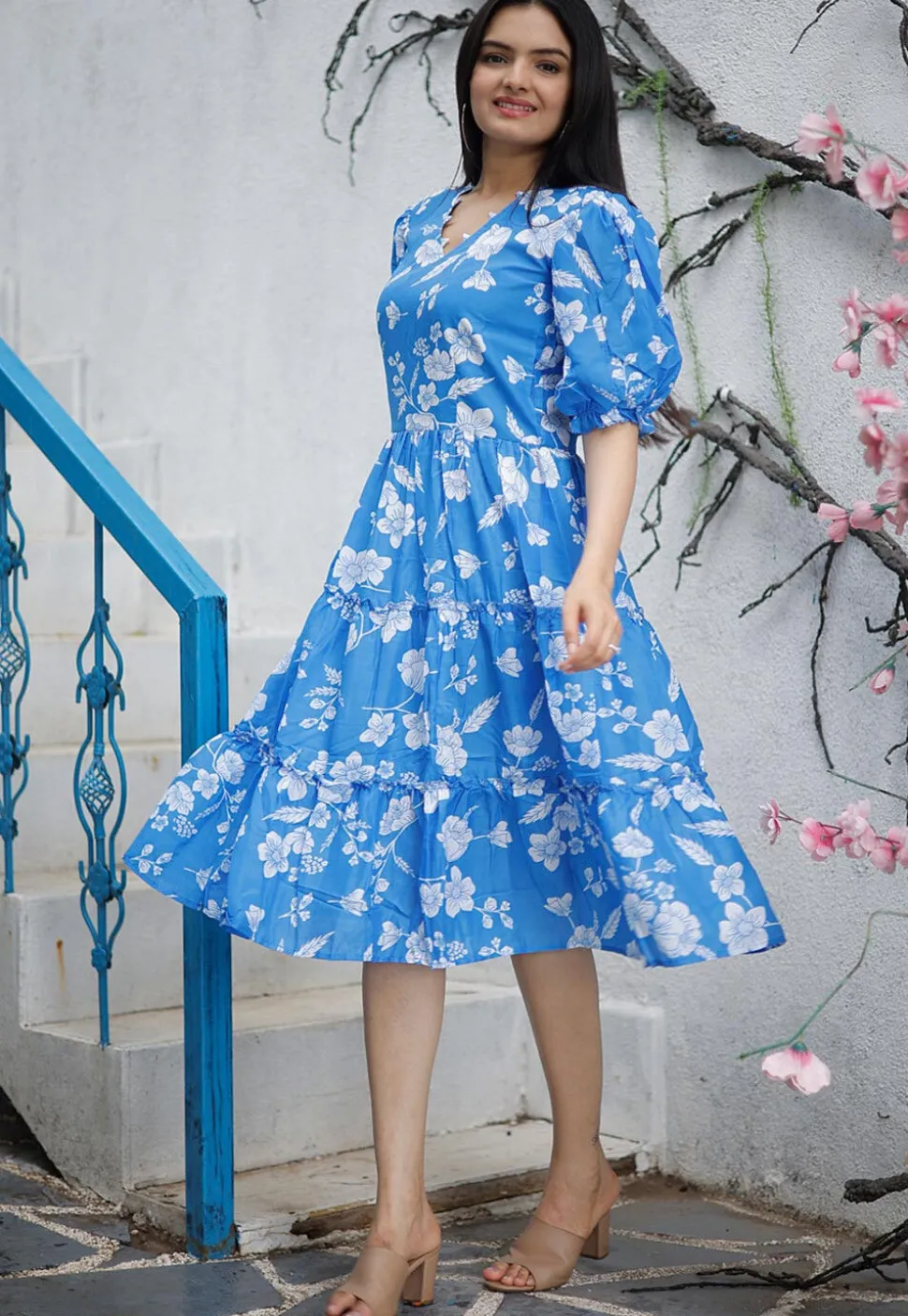 Digital Printed Polyester Aline Dress in Blue