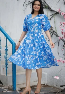 Digital Printed Polyester Aline Dress in Blue