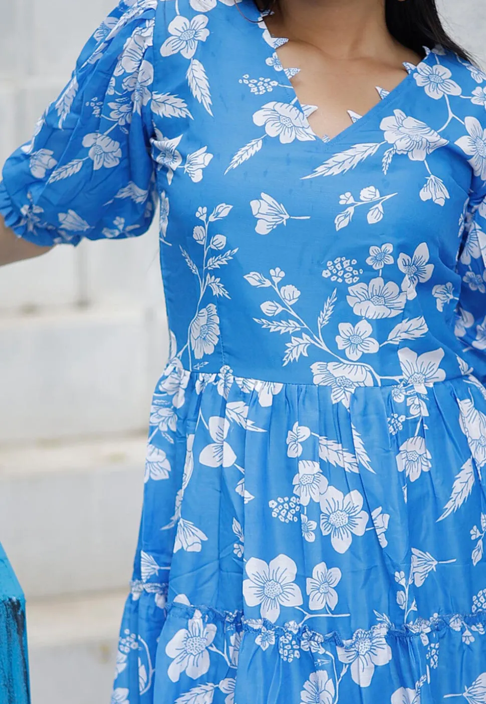 Digital Printed Polyester Aline Dress in Blue