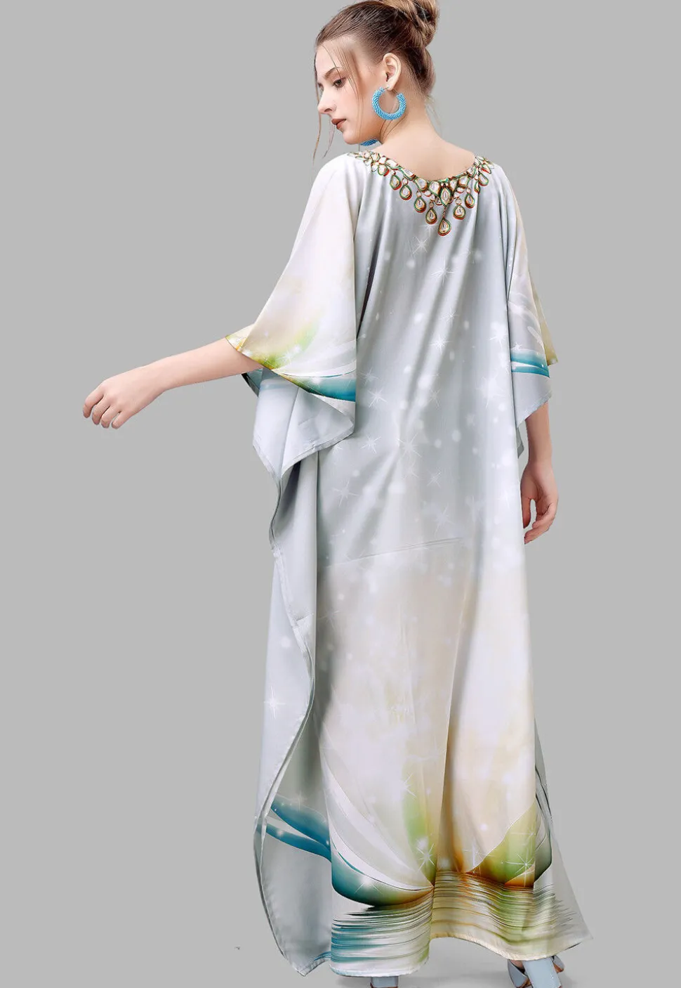 Digital Printed Polyester Kaftan in Grey