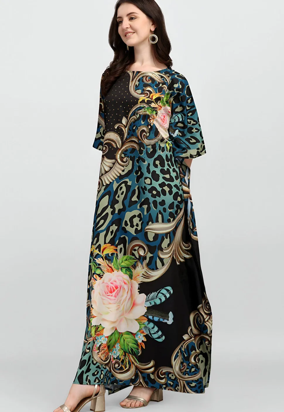Digital Printed Polyester Kaftan in Black