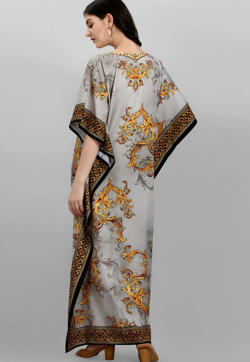 Digital Printed Polyester Kaftan in Grey
