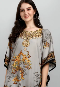 Digital Printed Polyester Kaftan in Grey