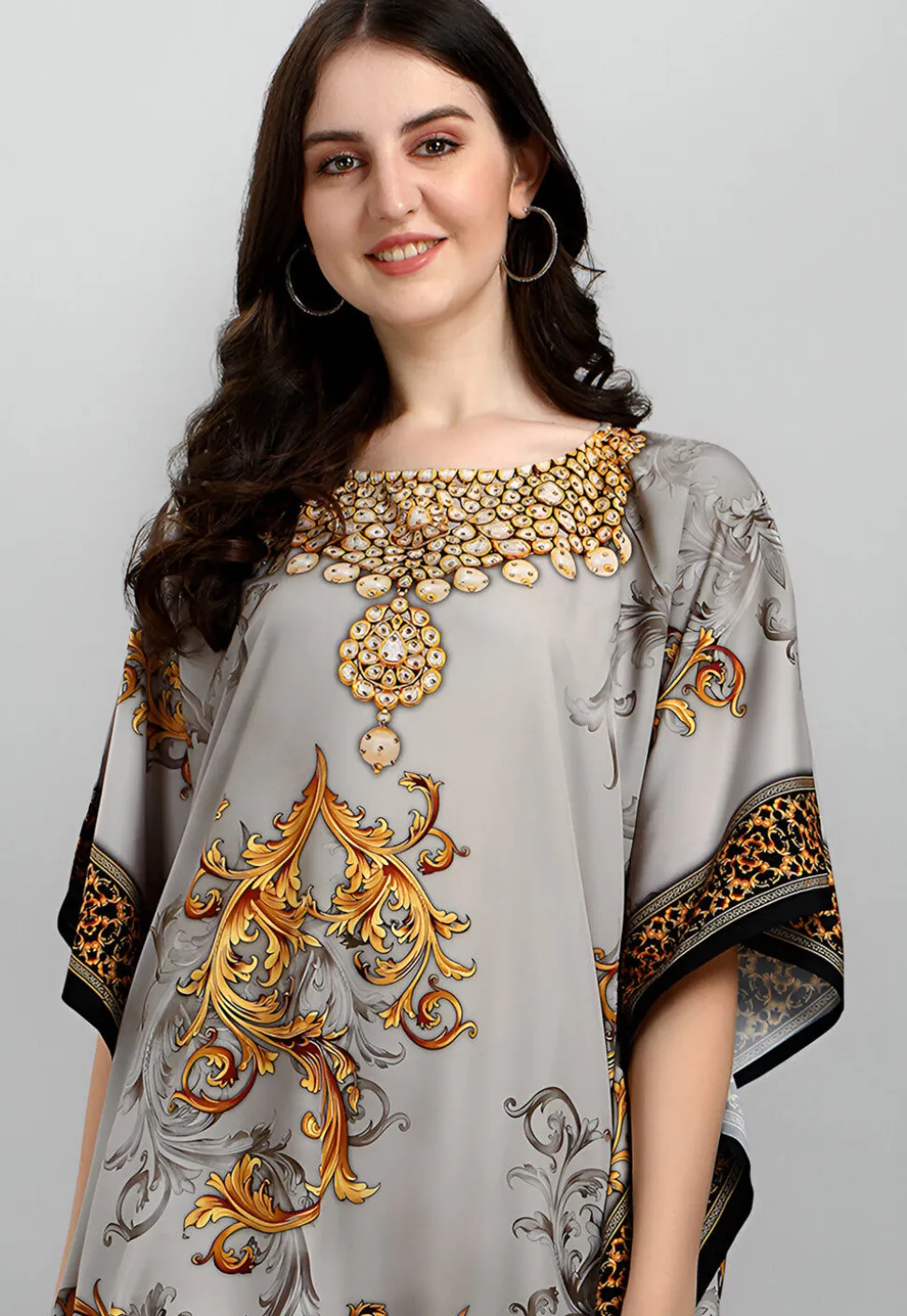 Digital Printed Polyester Kaftan in Grey
