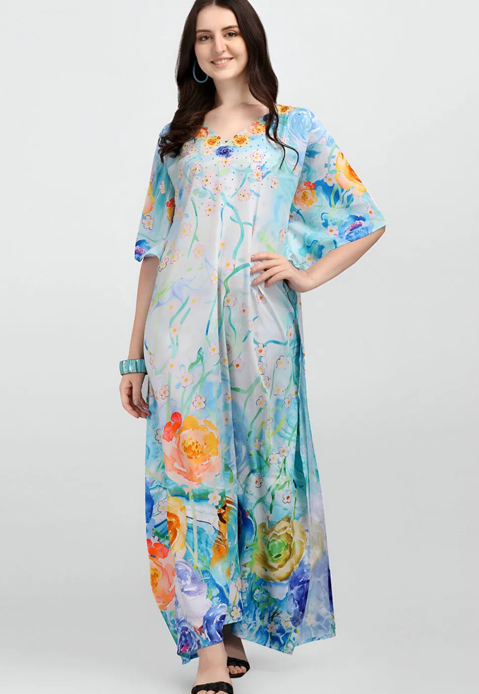 Digital Printed Polyester Kaftan in Light Blue