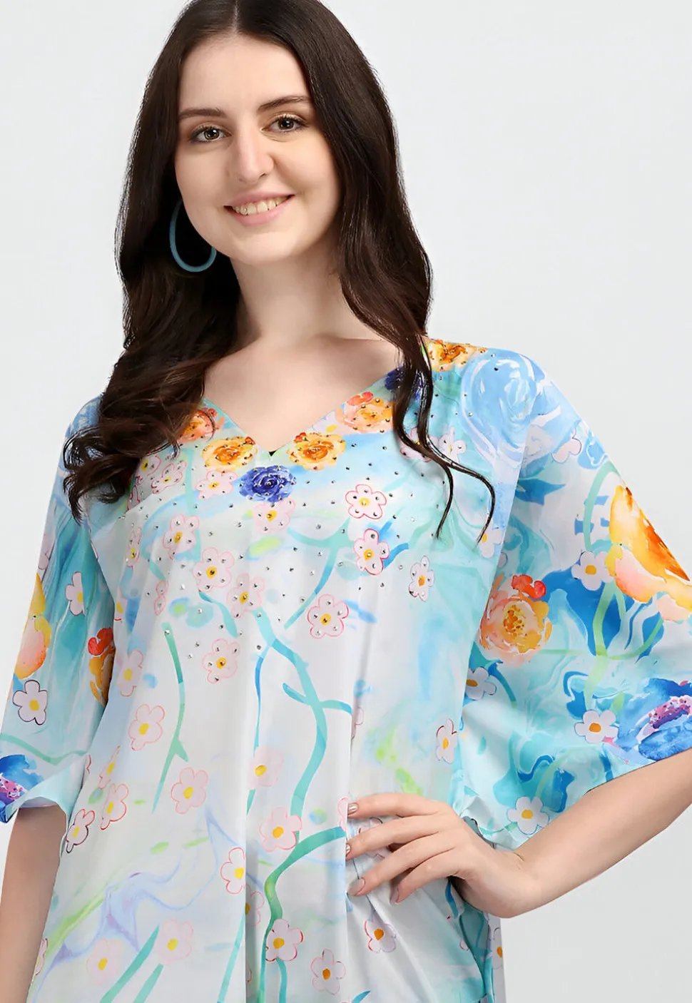 Digital Printed Polyester Kaftan in Light Blue