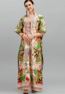 Digital Printed Polyester Kaftan in Off White and Multicolor