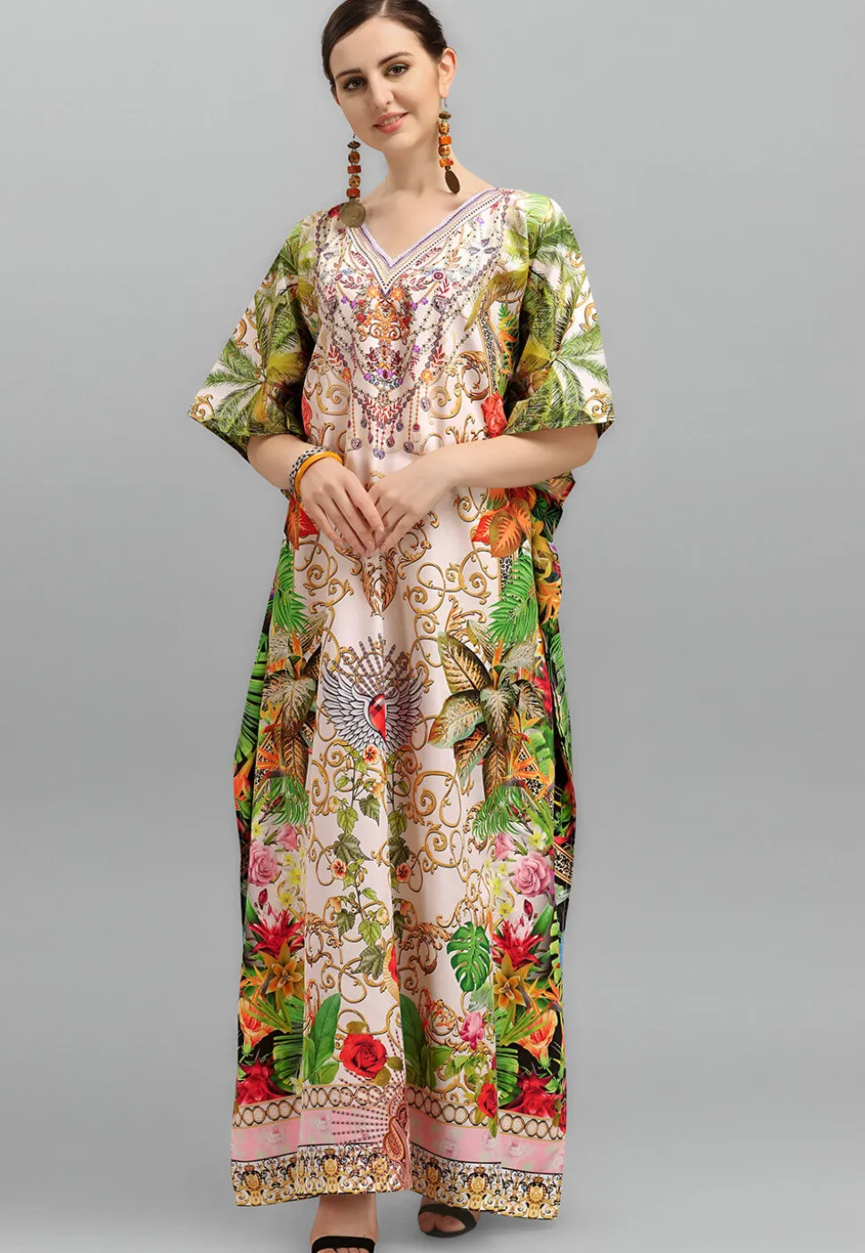 Digital Printed Polyester Kaftan in Off White and Multicolor