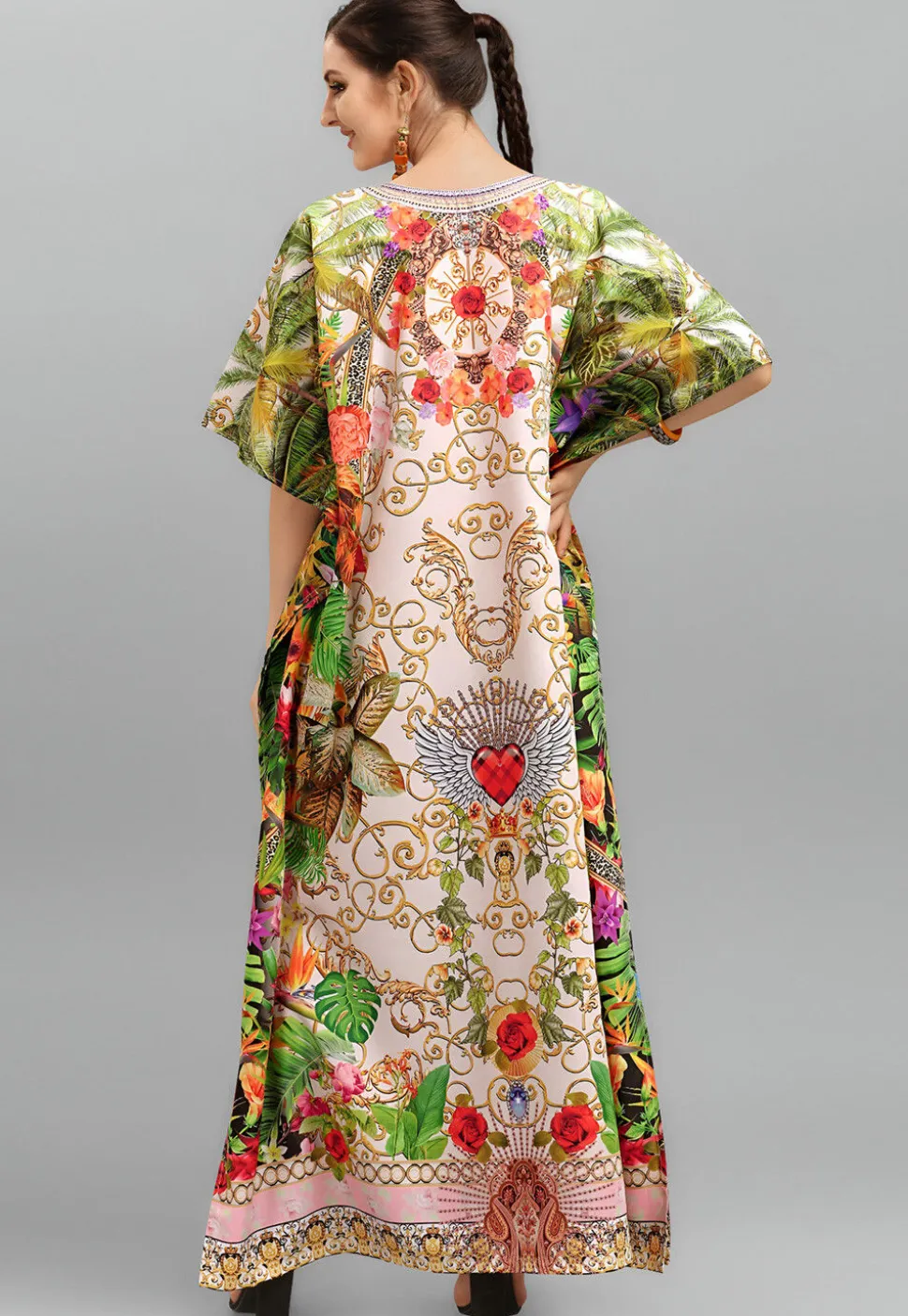 Digital Printed Polyester Kaftan in Off White and Multicolor