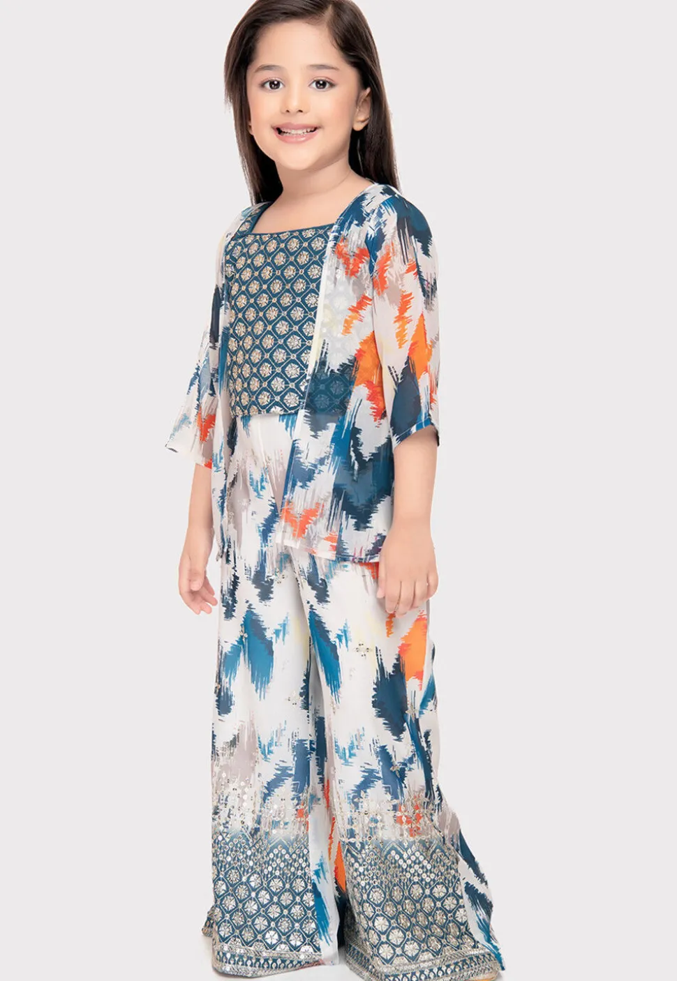 Digital Printed Polyester Top Set in Blue
