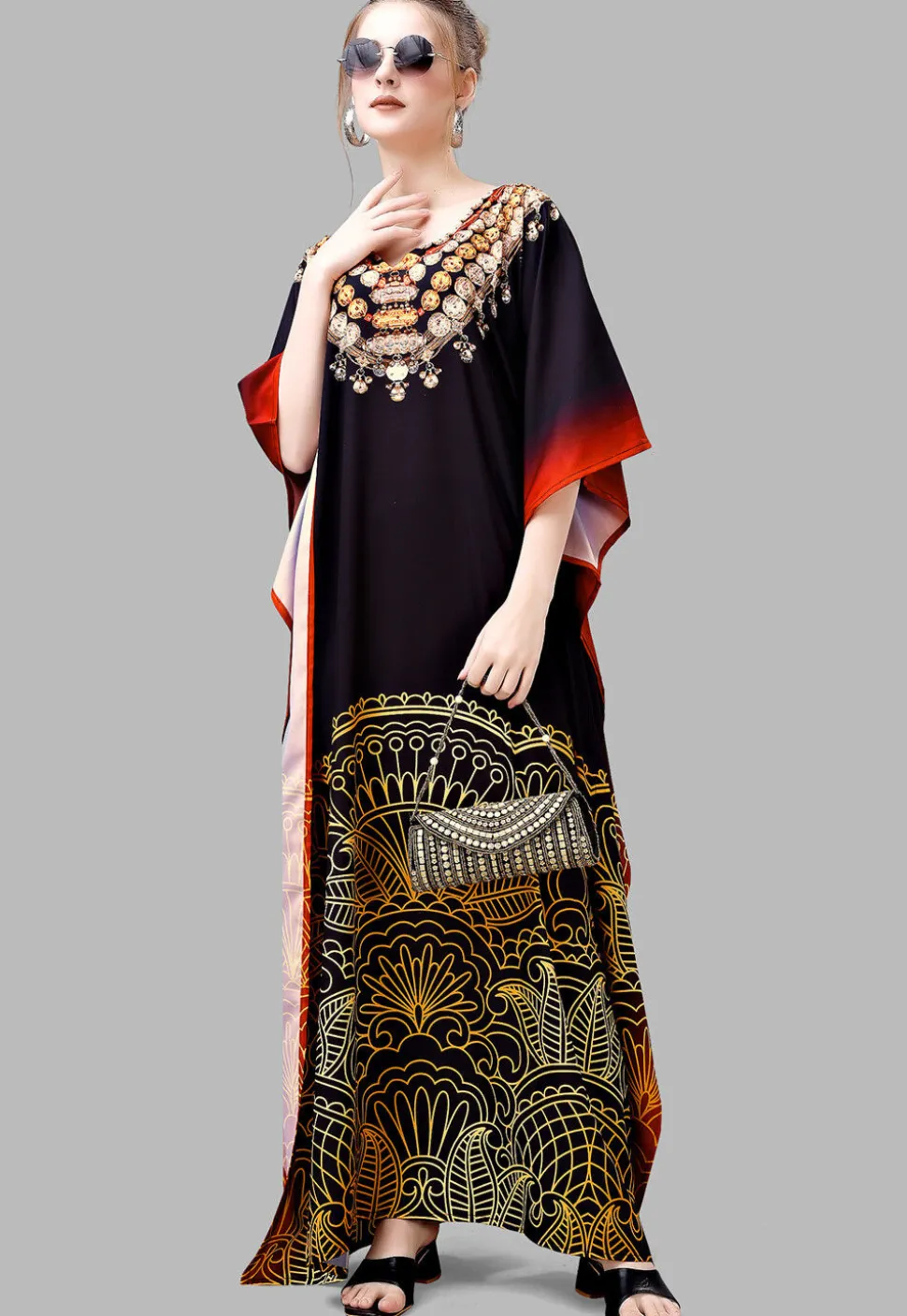 Digital Printed Polyester Kaftan in Black