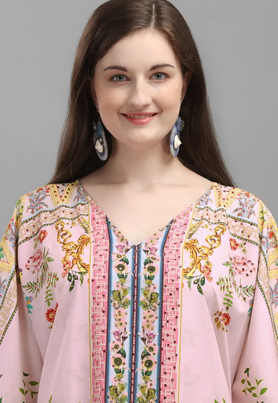 Digital Printed Polyester Kaftan in Pink