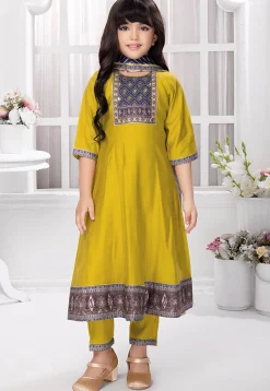 Digital Printed Polyester Anarkali Suit in Olive Green