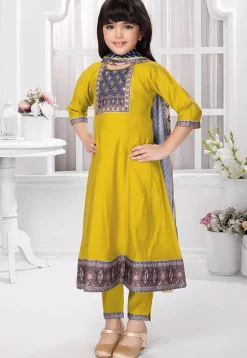 Digital Printed Polyester Anarkali Suit in Olive Green