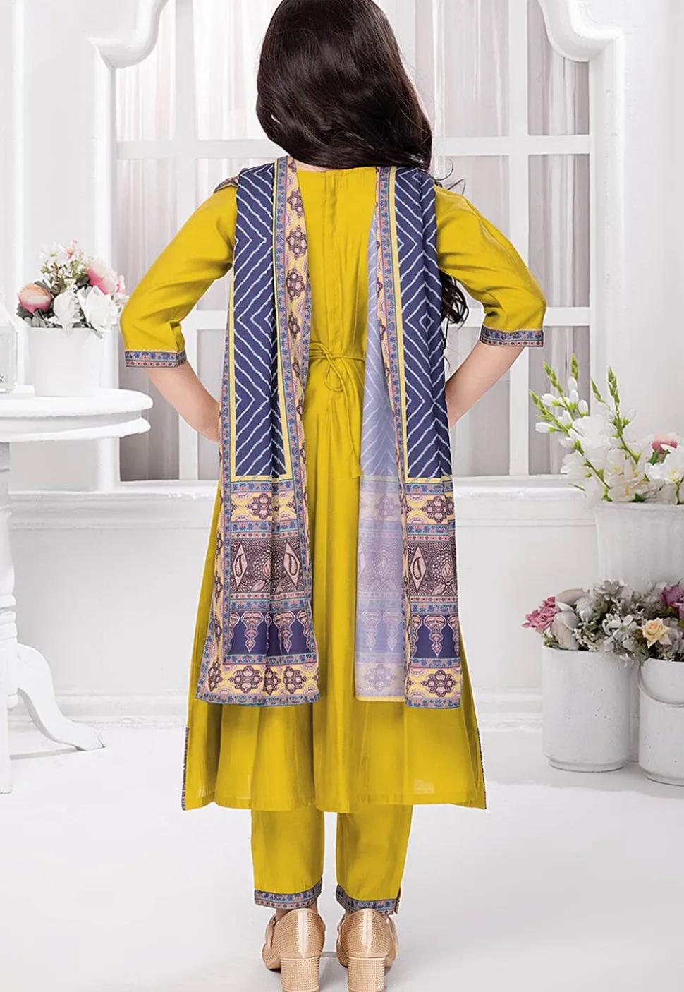 Digital Printed Polyester Anarkali Suit in Olive Green