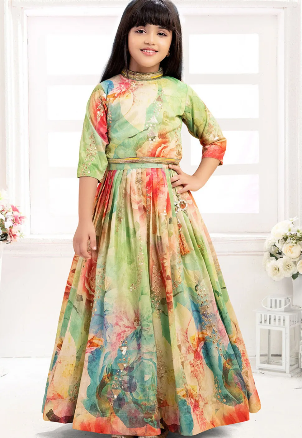 Digital Printed Polyester Lehenga in Multicolor