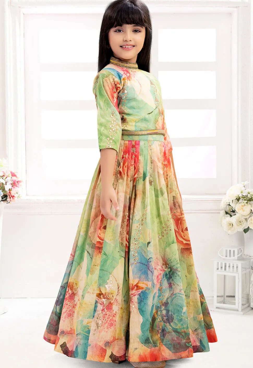 Digital Printed Polyester Lehenga in Multicolor