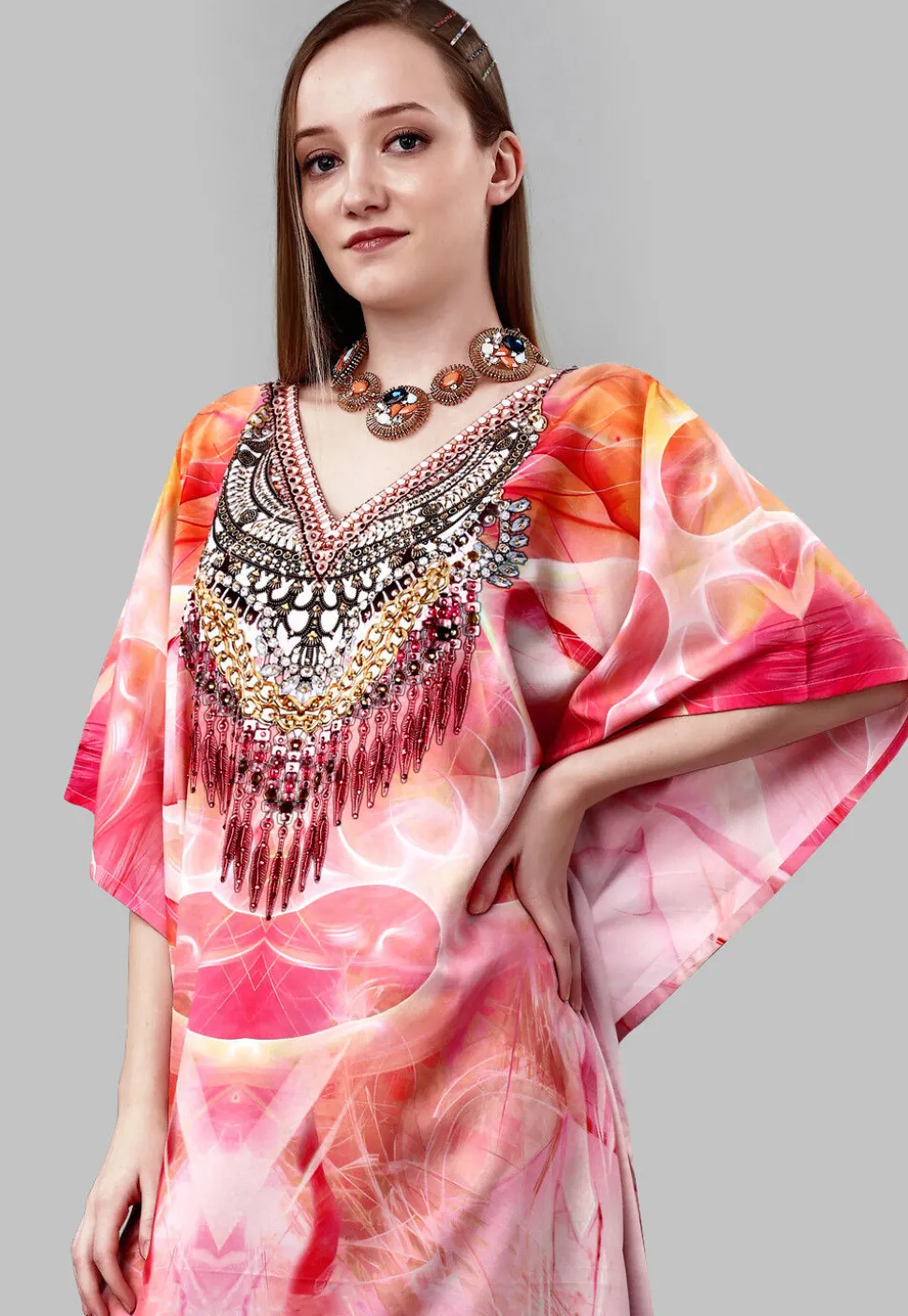 Digital Printed Polyester Kaftan in Multicolor