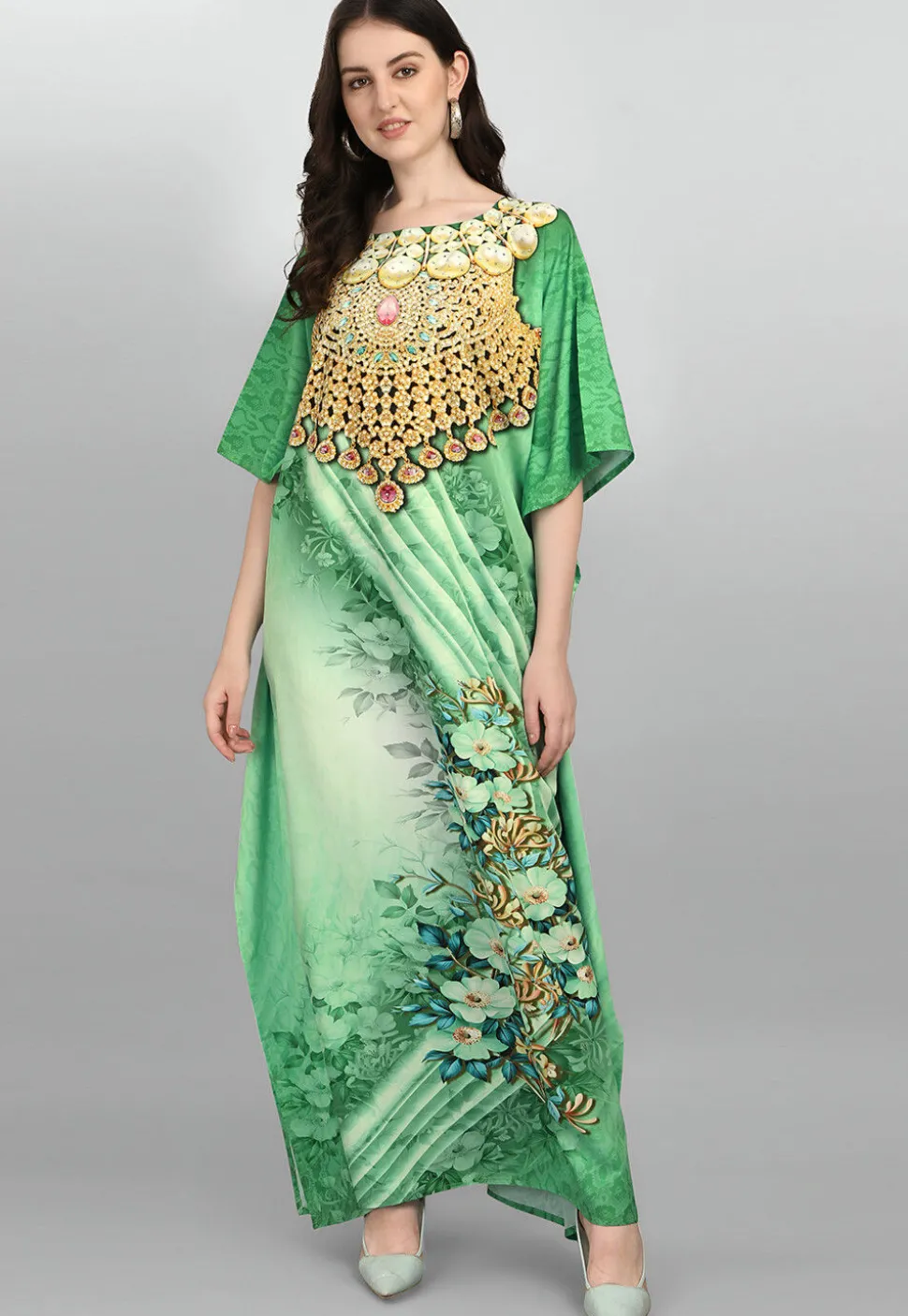 Digital Printed Polyester Kaftan in Light Green