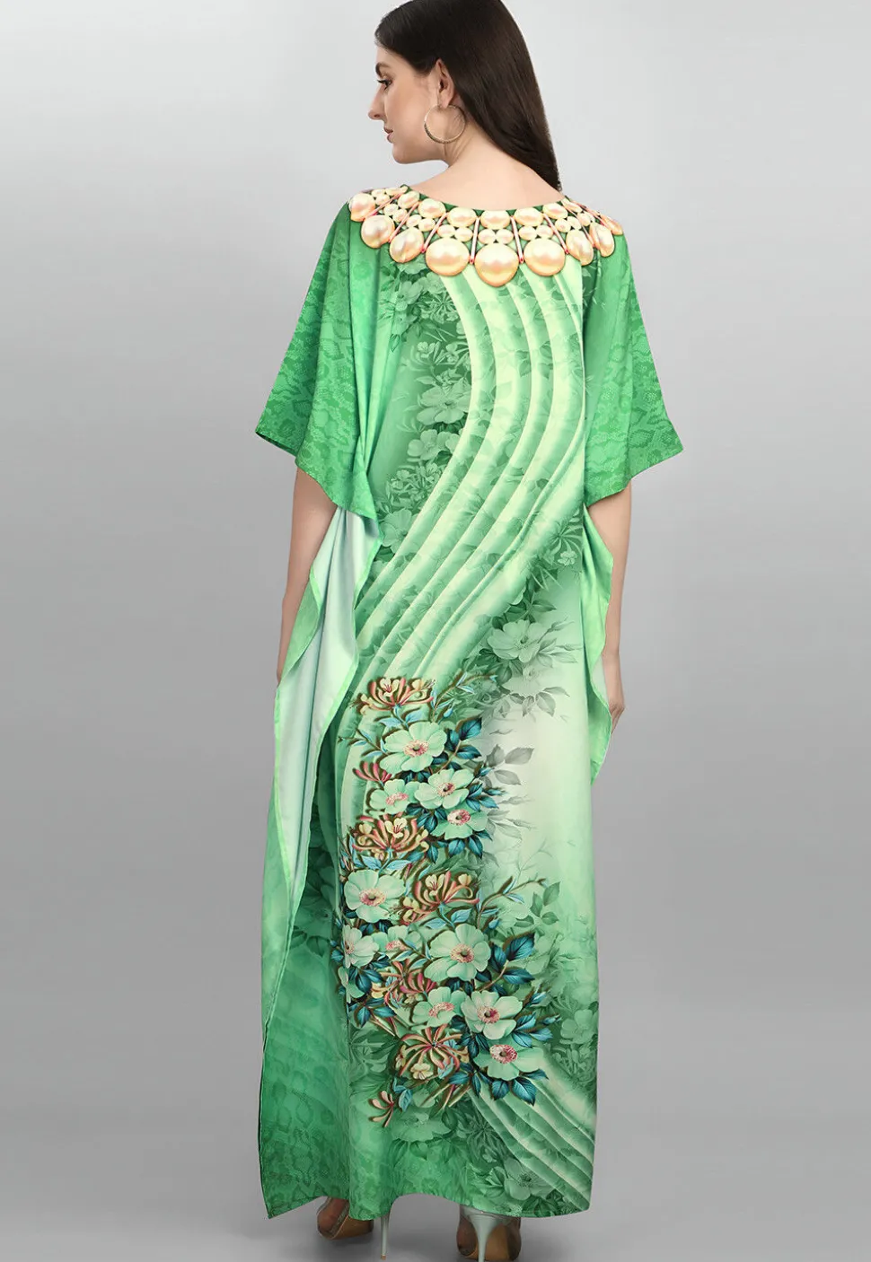 Digital Printed Polyester Kaftan in Light Green
