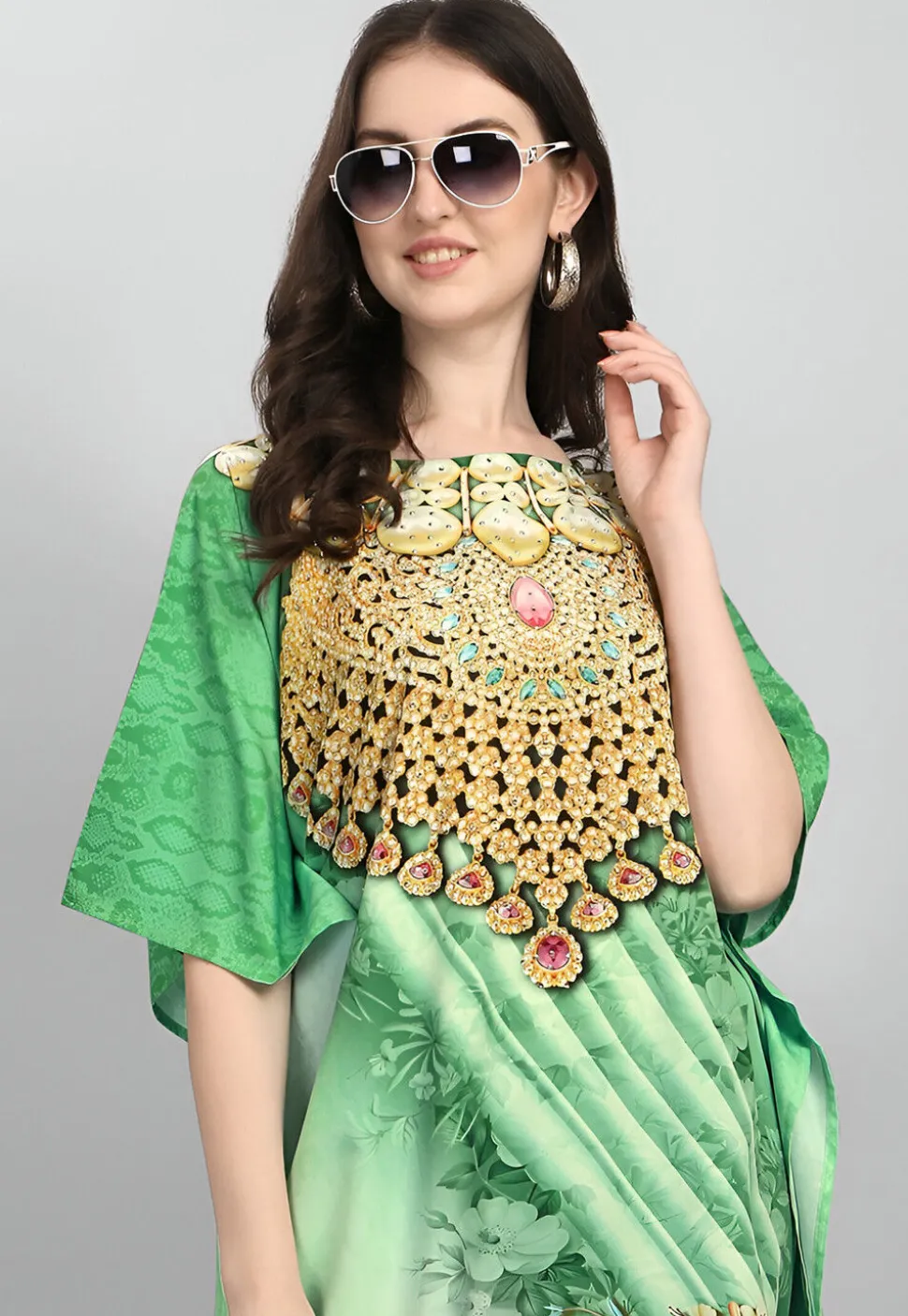 Digital Printed Polyester Kaftan in Light Green