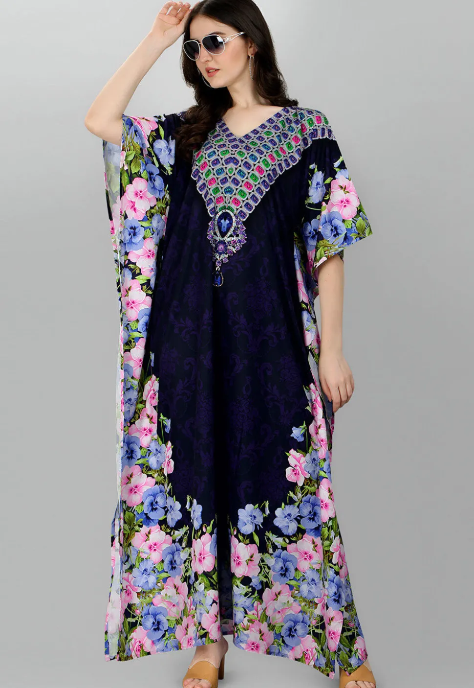 Digital Printed Polyester Kaftan in Navy Blue