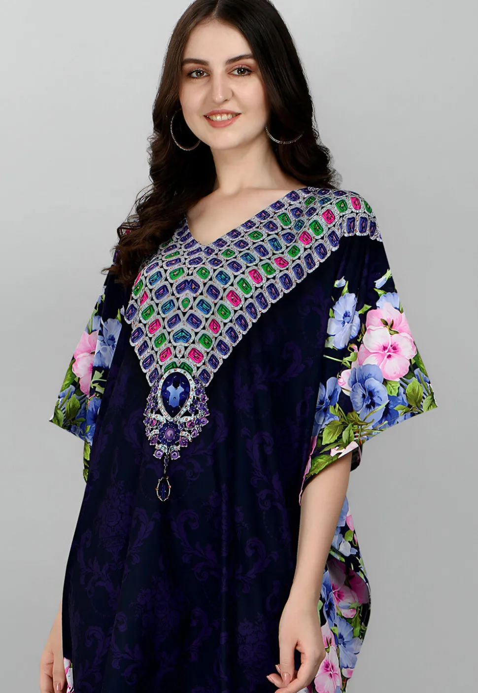 Digital Printed Polyester Kaftan in Navy Blue