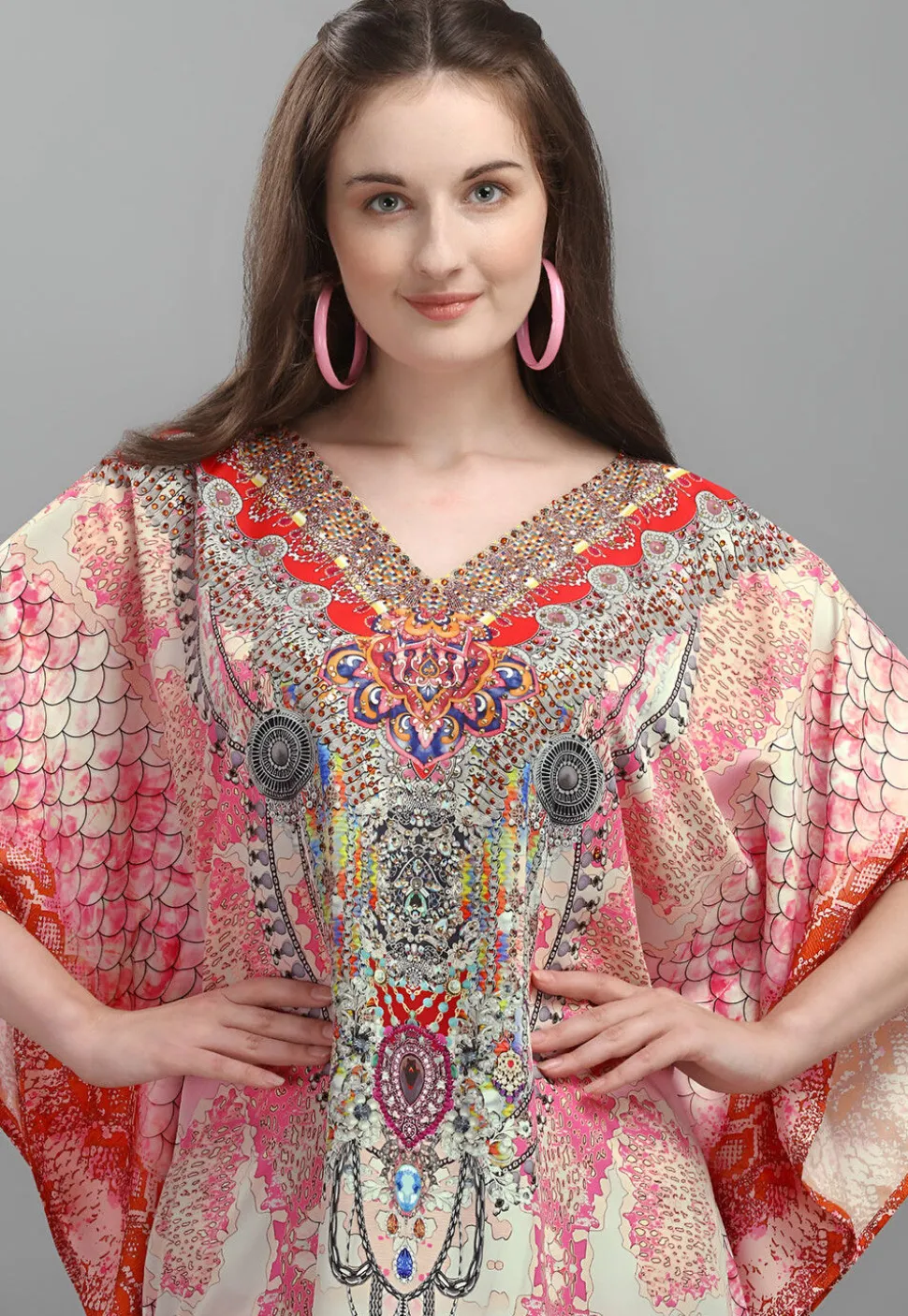 Digital Printed Polyester Kaftan in Multicolor