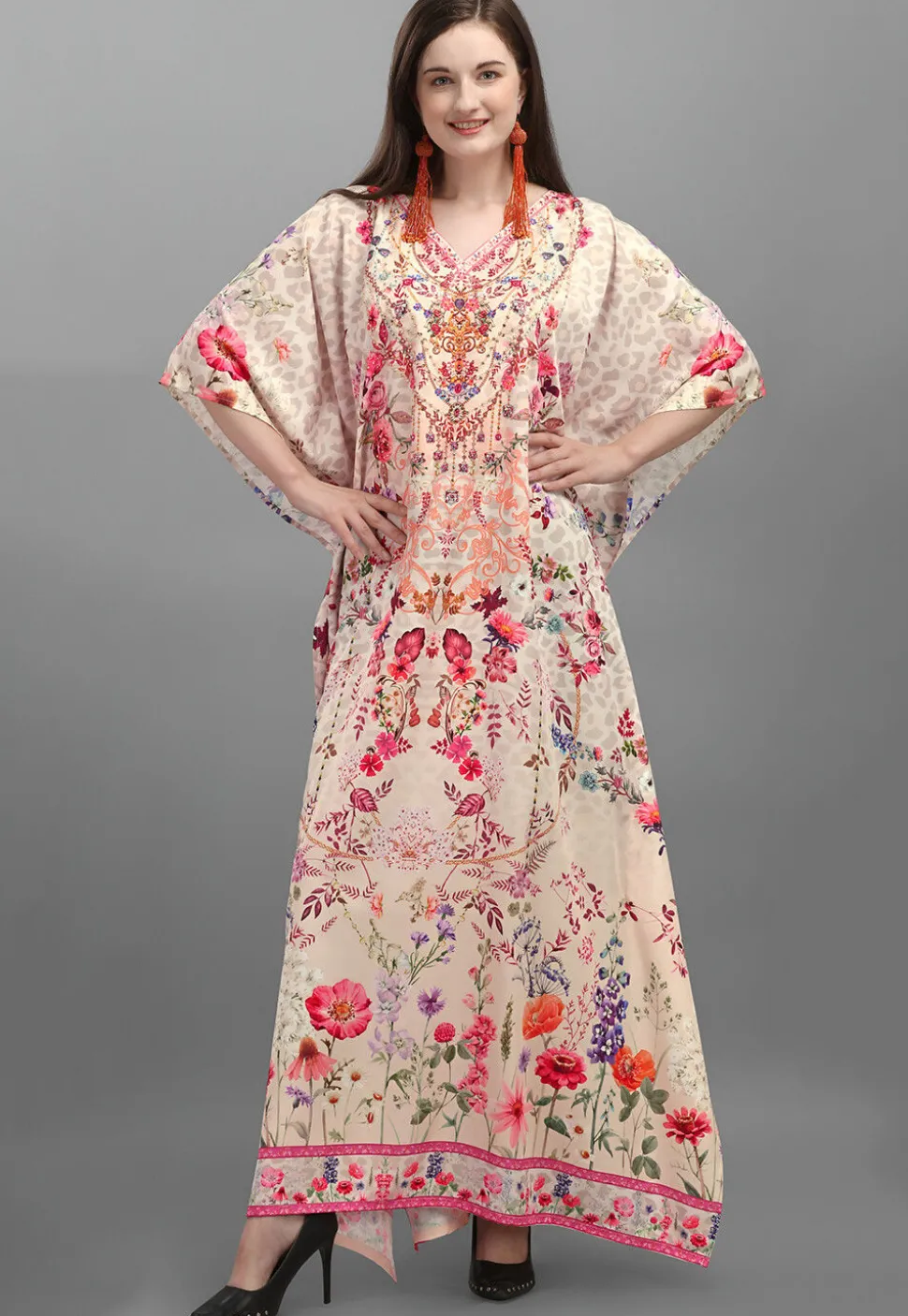 Digital Printed Polyester Kaftan in Peach