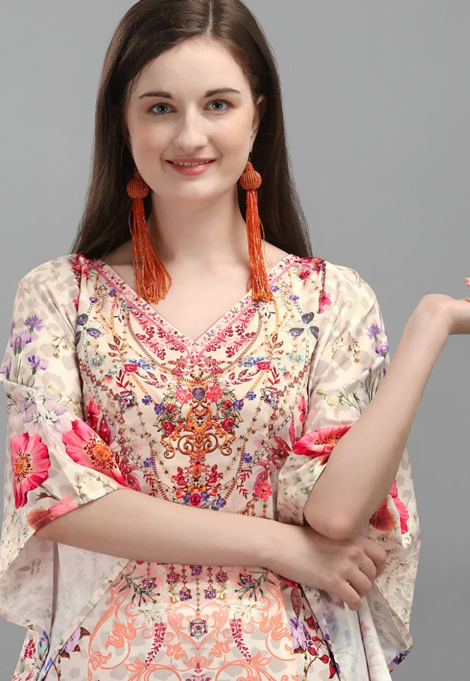 Digital Printed Polyester Kaftan in Peach