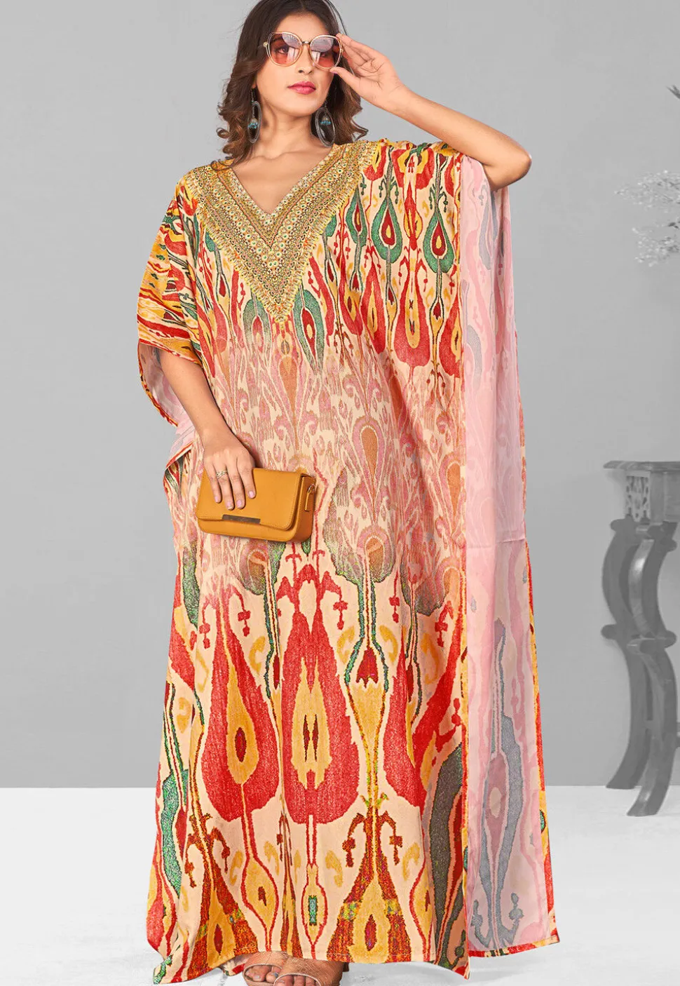 Digital Printed Polyester Kaftan in Multicolor