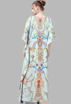 Digital Printed Polyester Kaftan in Light Blue