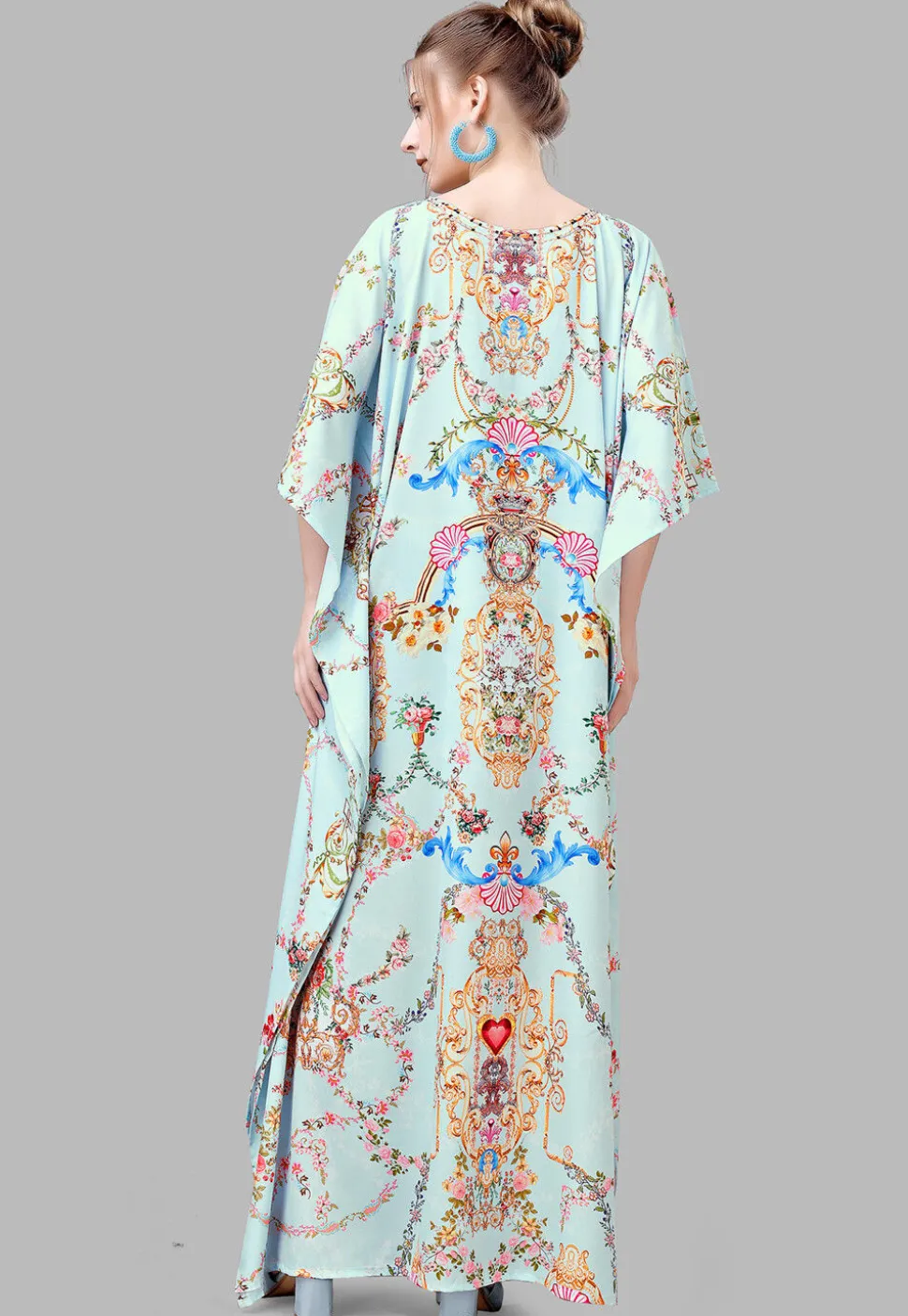 Digital Printed Polyester Kaftan in Light Blue