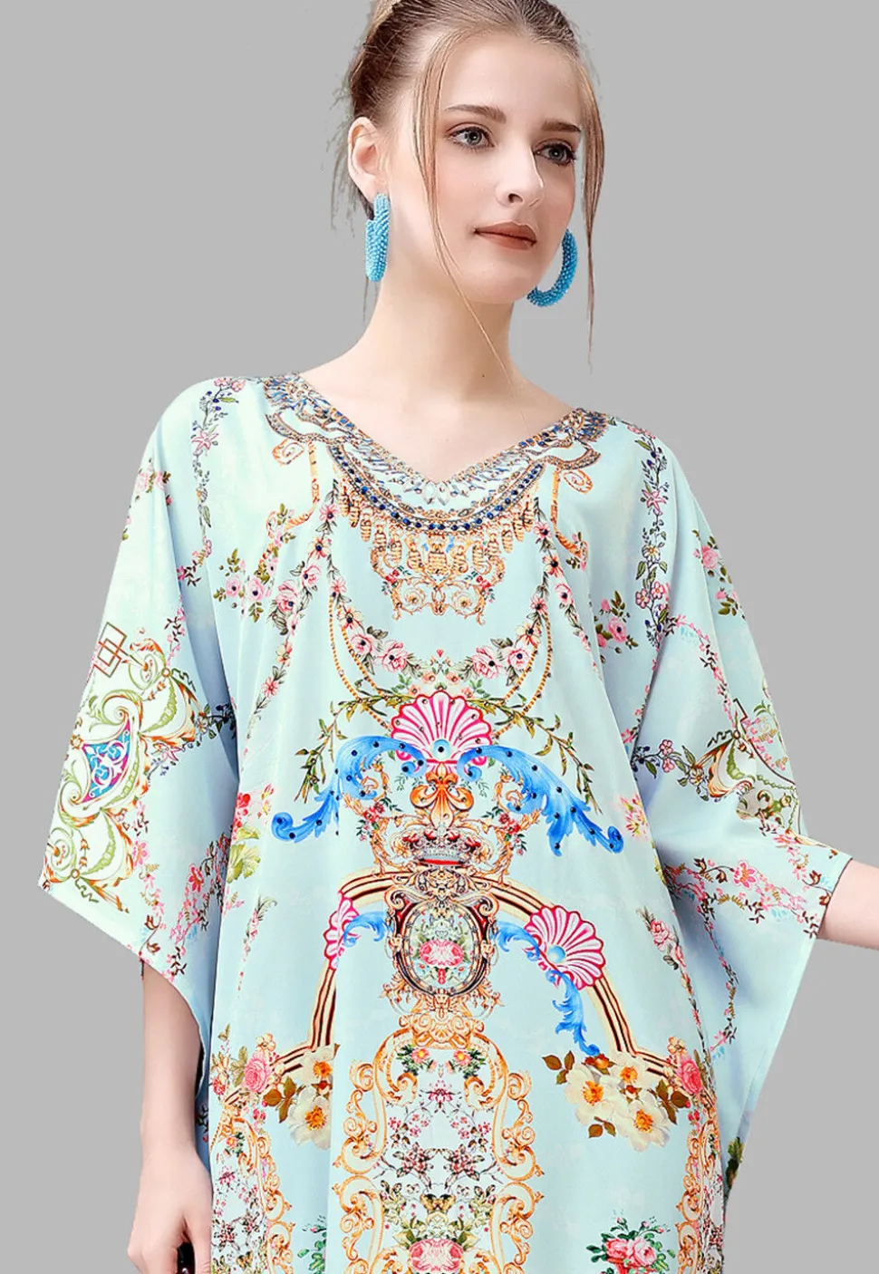 Digital Printed Polyester Kaftan in Light Blue