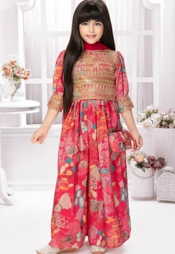 Digital Printed Polyester Crop Top Set in Pink