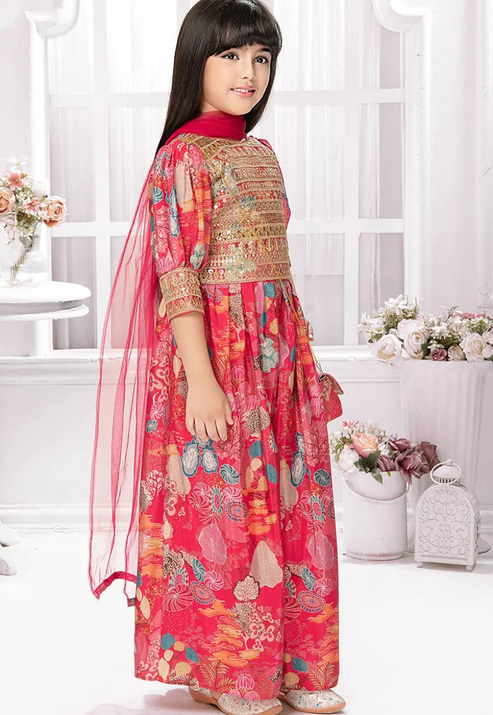 Digital Printed Polyester Crop Top Set in Pink