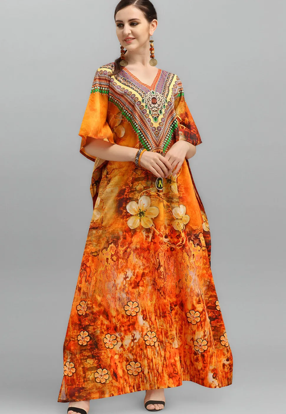Digital Printed Polyester Kaftan in Orange